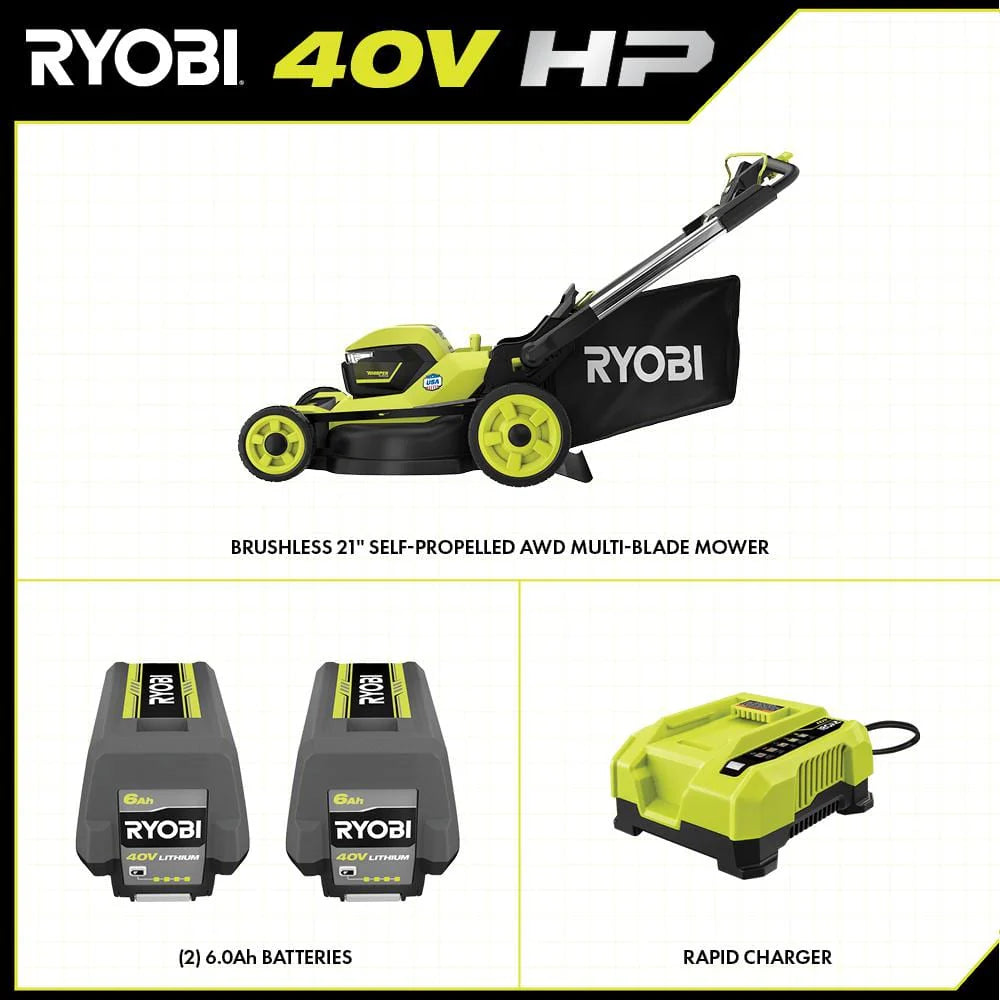 Ryobi 40V HP Brushless 21-in Self-Propelled AWD Lawn Mower �C Whisper Series �C Includes (2) 6.0Ah Batteries and Charger
