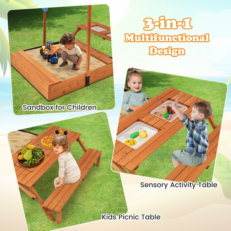 Kids Wooden Sand Box with Foldable Picnic Sensory Table and Bench