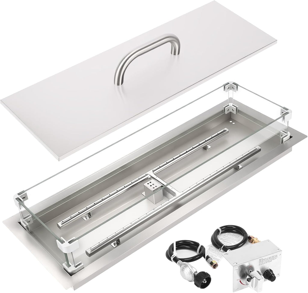 GRISUN Upgraded 30" x 10" Drop-in Fire Pit Kit with Glass Wind Guard & Lid, Linear Fire Pit Burner Pan, Stainless Steel Fire Pit Insert with Spark Ignition