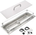 GRISUN Upgraded 30" x 10" Drop-in Fire Pit Kit with Glass Wind Guard & Lid, Linear Fire Pit Burner Pan, Stainless Steel Fire Pit Insert with Spark Ignition