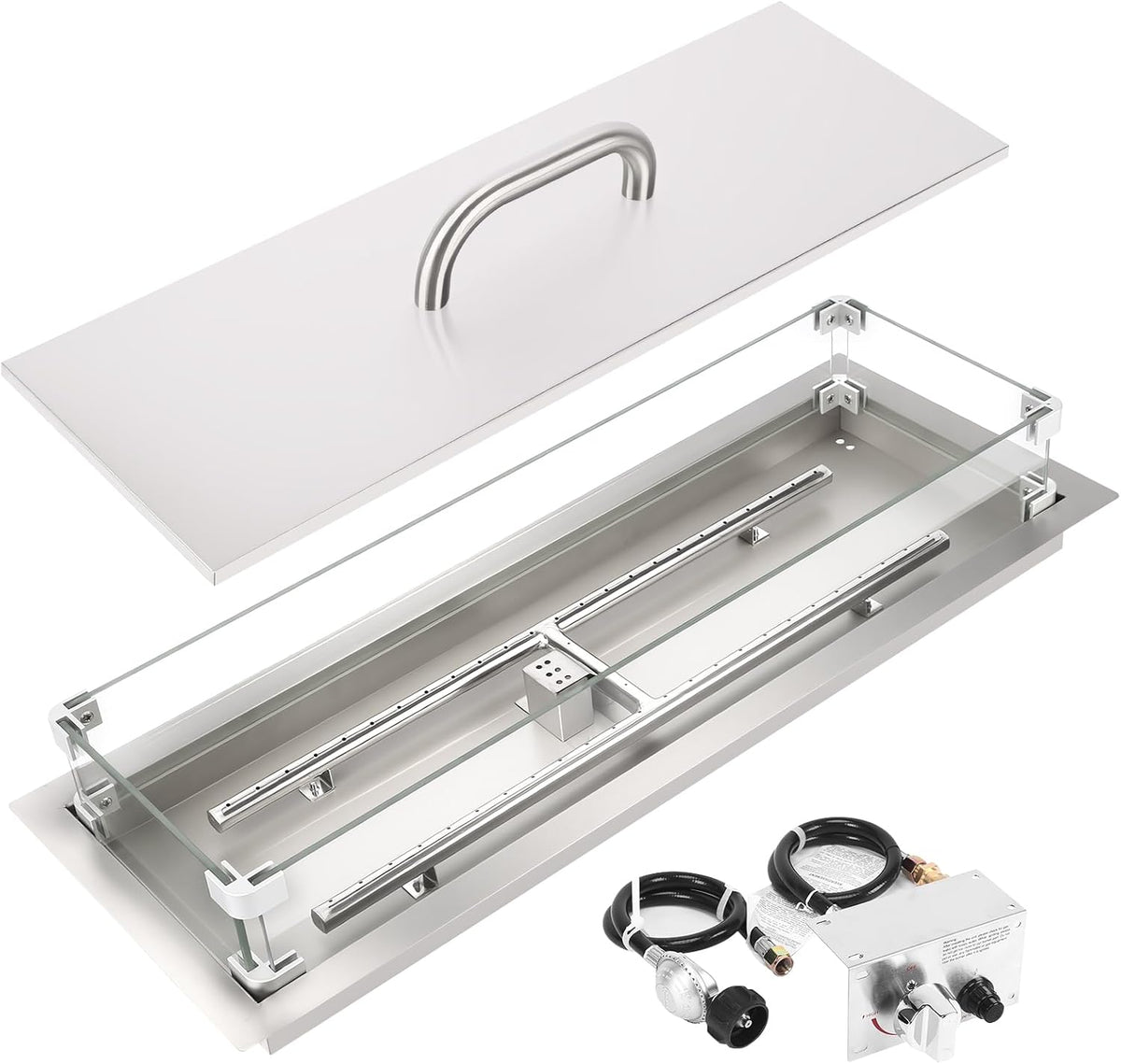 GRISUN Upgraded 30" x 10" Drop-in Fire Pit Kit with Glass Wind Guard & Lid, Linear Fire Pit Burner Pan, Stainless Steel Fire Pit Insert with Spark Ignition