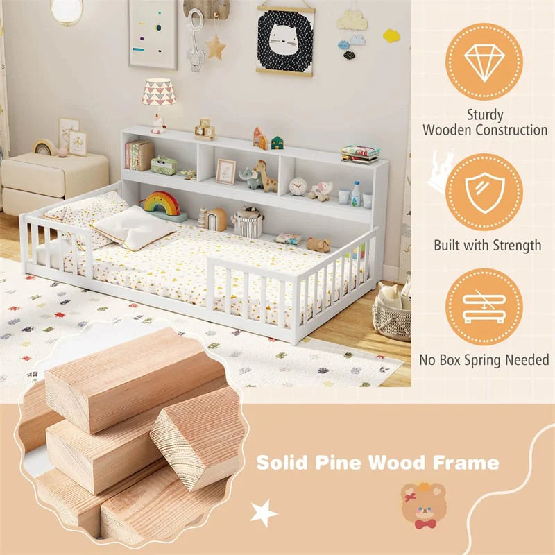 Twin Montessori Floor Bed, Wood Floor Bed Frame with Bookcase, Storage Shelves & Safety Fence Rails for Kids, No Box Spring Needed