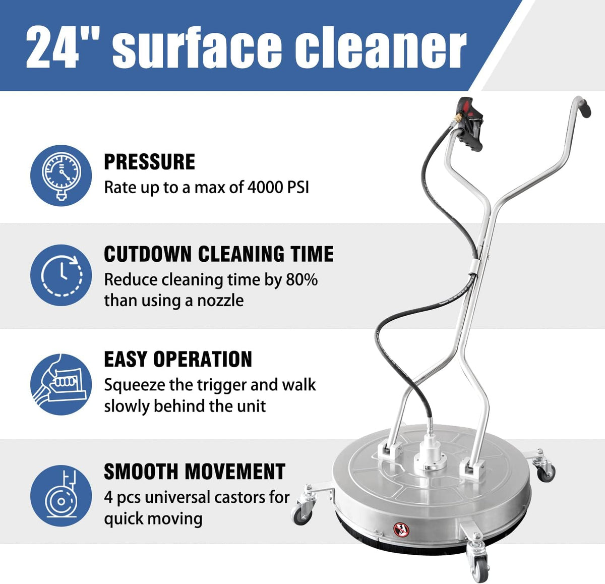 JANZ 24'' Pressure Washer Surface Cleaner with 4 Wheels Dual Handle Stainless Steel Housing  4 Replacement Nozzle Cores and 2 Hose Adapters Ideal for Driveways  Sidewalks Patios Decks Cleaning