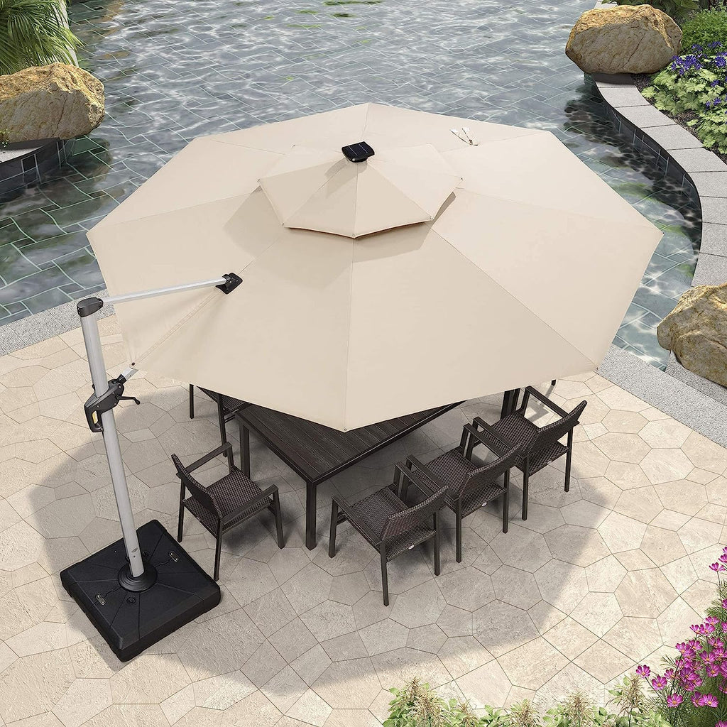 12ft Solar LED Patio Umbrella Outdoor Round Umbrella Large Cantilever Umbrella with LED Lights Windproof Bias Umbrella Heavy Duty Parasol for Garden Deck Pool Patio