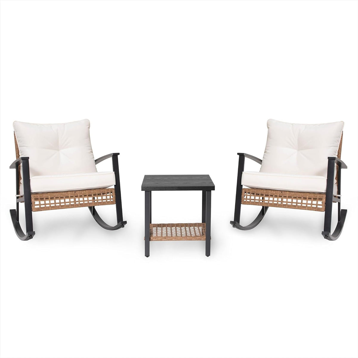 LAUSAINT HOME 3-Piece Rocking Bistro Set  Outdoor Patio Furniture with Thick Cushions and 2-Tier Coffee Table  Oversize Rattan Conversation Set for Garden  Balcony  Backyard (Beige)
