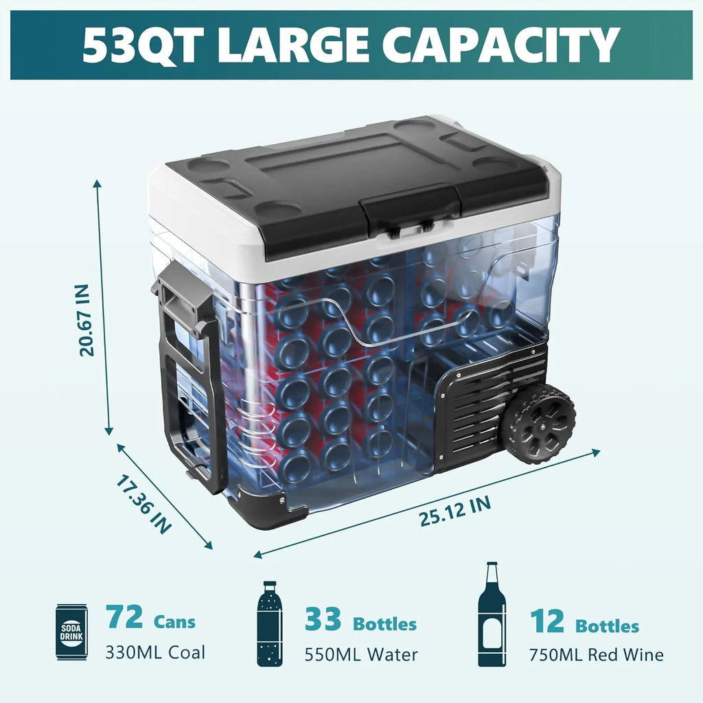 12 Volt Refrigerator, 53QT(50L) Electric Cooler, Portable Freezer 12V/24V DC 110-240V AC, 12V Fridge -4�H~68�H, 12V Cooler with Wheels & 2 Baskets for Travel, Truck, Boat, Camping