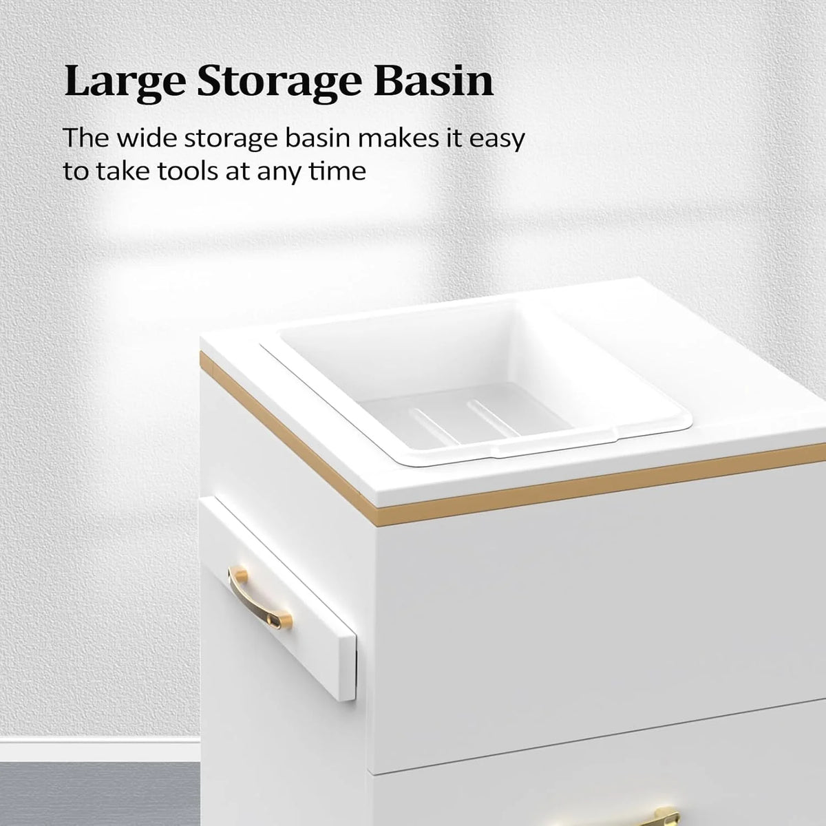 OmySalon Salon Storage Station, Barber Stations Beauty Salon Spa Equipment with 3 Drawers, a Storage Basin, 3 Hair Dryer Holders for Hair Styling, White Gold