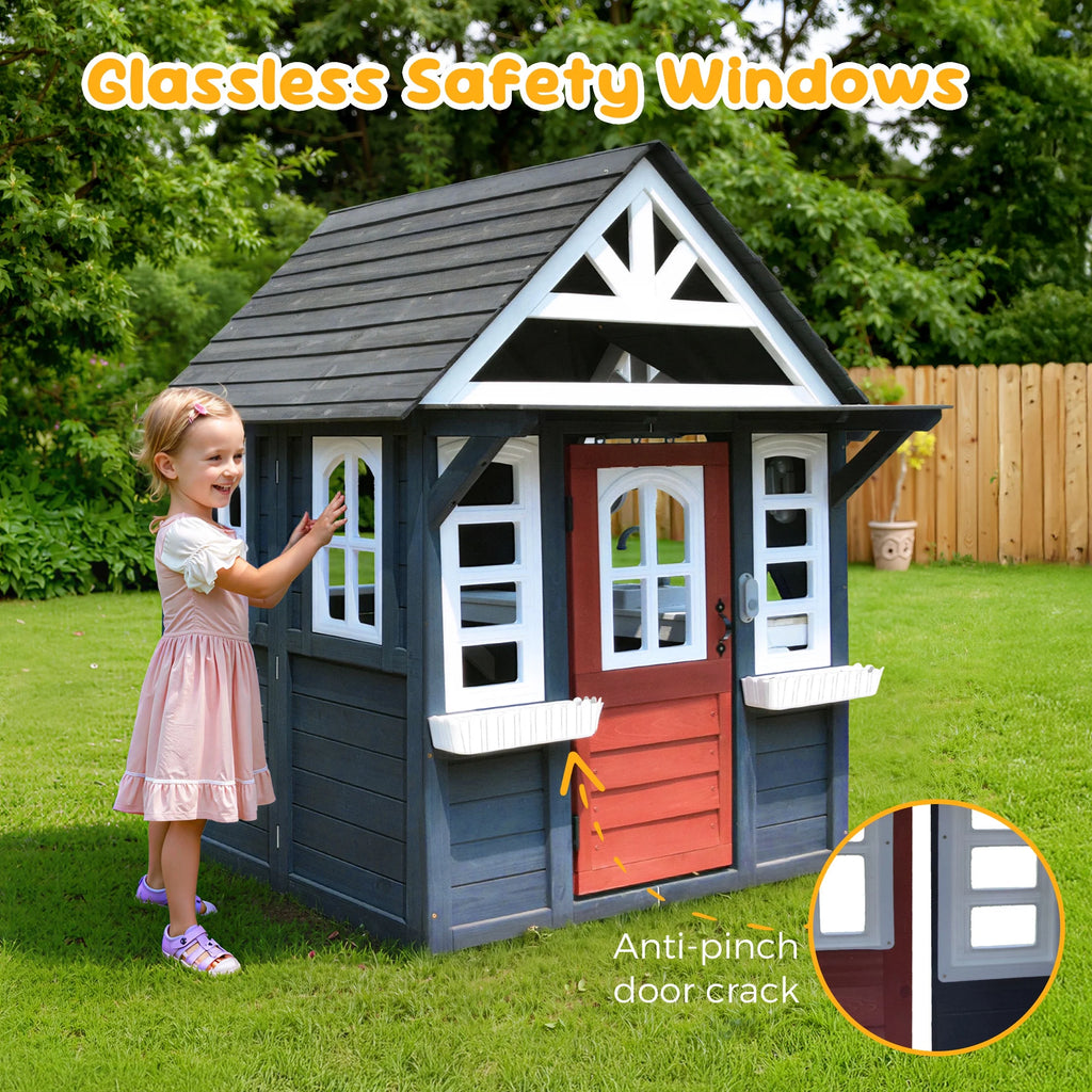 COCLUB Outdoor Playhouse for Kids Ages 4-8, Wooden Play House with Doorbell, Phone, Kitchen Toys, Outdoor Kids Play Equipment, Casa Para Niñas (45”L x 65”H), White & Black
