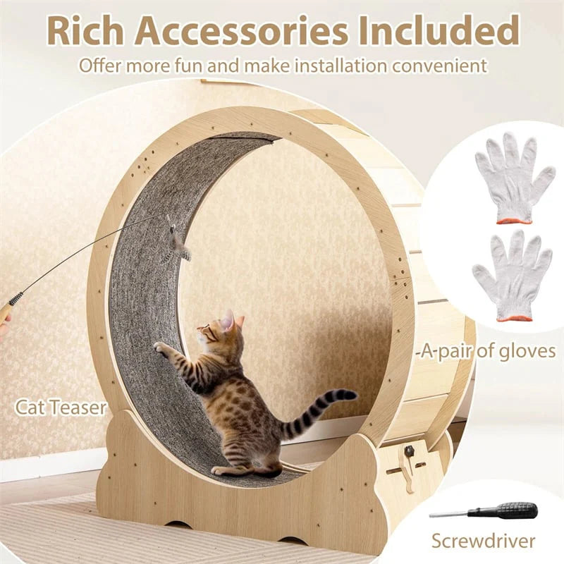 40" Large Cat Exercise Wheel for Indoor Cats, Low Noise Cat Treadmill with Lockable Mechanism, Carpeted Runway & Teasing Toy for Kitty Fitness