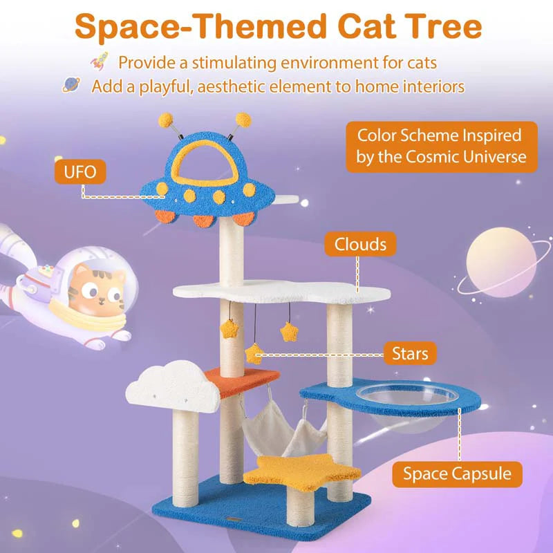 49" Tall Space-Themed Multi-Level Cat Tree Tower with UFO Top Perch Space Capsule, Sisal Scratching Posts, Cloud & Star Platforms for Indoor Cats