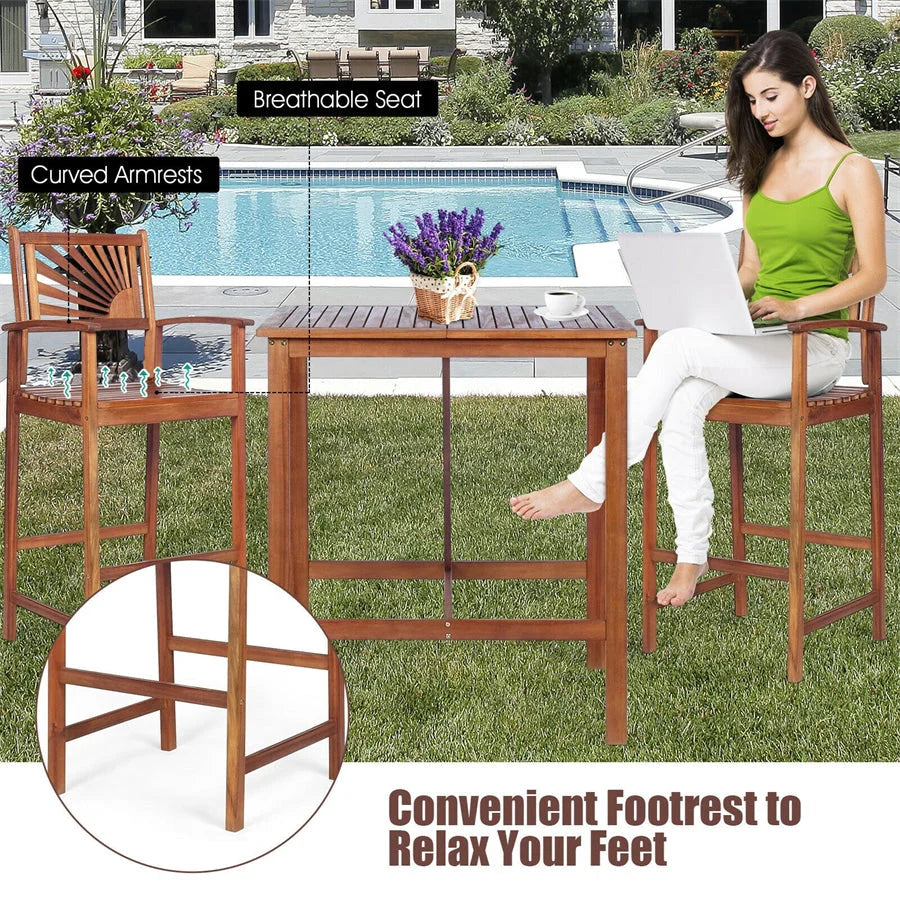 3 Pcs Acacia Wood Dining Set Outdoor Patio Bar Table Set Bistro Set with Two Bar Stools