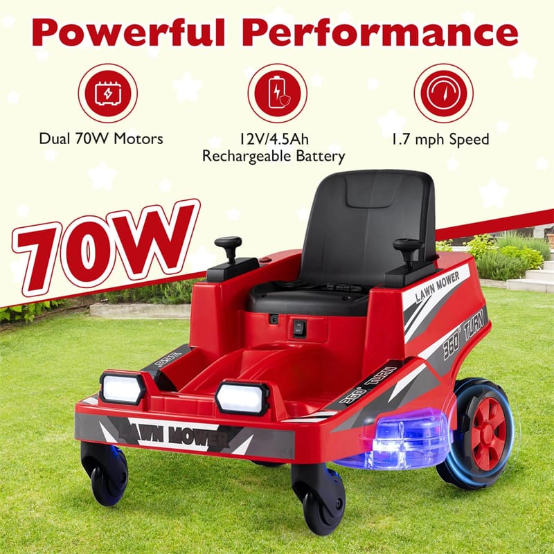 12V Kids Ride-On Lawn Mower with 360�� Twist & Turn, Dual Control Sticks, LED Lights, Toddler Electric Car Toy for Boys & Girls Aged 3-8