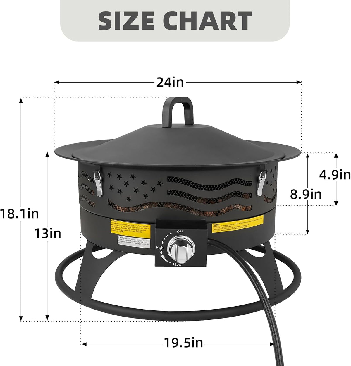 Portable Propane Fire Pit, 24 Inch Smokeless Gas Fire Pit Bowl for Outside, 60,000 BTU Outdoor Firepit with Grill Grate & Lid for Camping, Patio, Yard, Garden