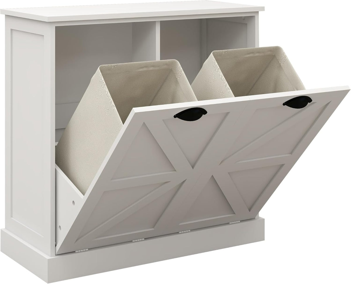 Tilt Out Laundry Sorter Cabinet with 2 Removable Liner Bags,Divided Laundry Hamper Cabinet with Semi-Circular Metal Handle and Barn Door for Space Saving (Style-01)
