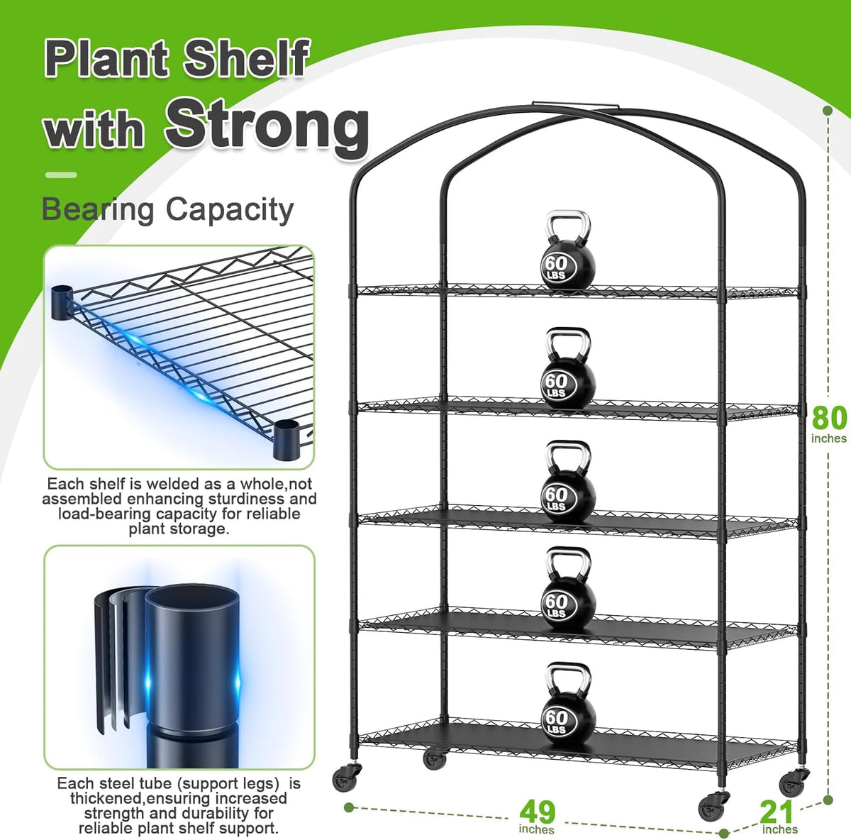 Abimars 5-Tier Greenhouse with Grow Light  Shelf Height Adjustable Metal Plant Shelf with PVC Cover and Wheels  Includes 5-Pack 2900K Full Spectrum Plant Lights  21x49x80inch
