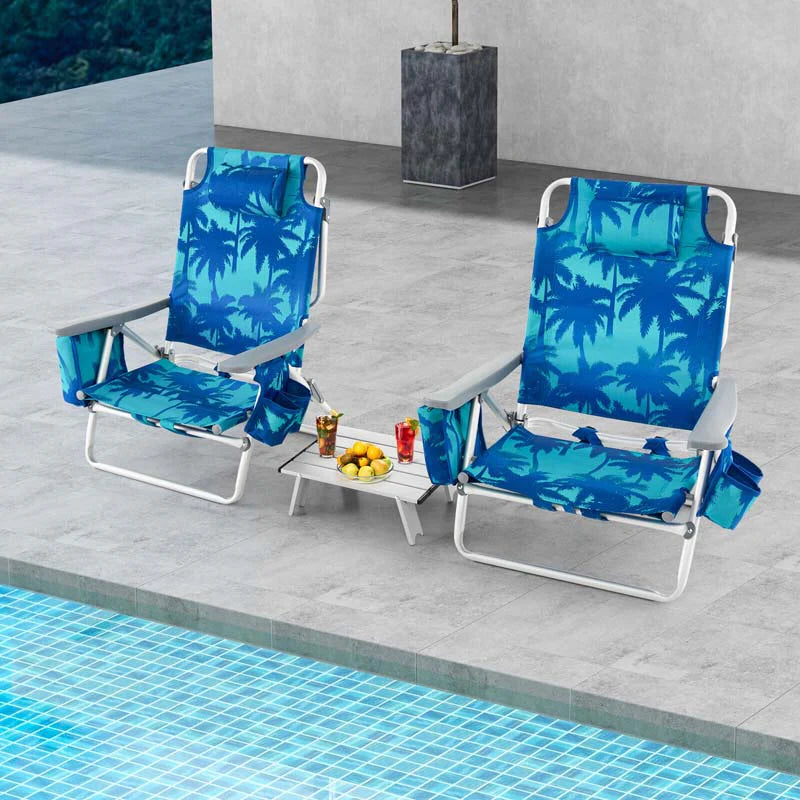 2 Pack 5-Position Outdoor Folding Backpack Beach Chair & Table Set, Patio Lawn Camping Chair Beach Sling Chair