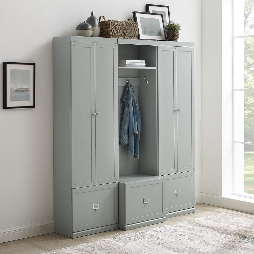 Crosley Furniture Harper 3-Piece Hall Tree and Storage Cabinet Set with Entryway Bench and Hooks for Hanging, Gray