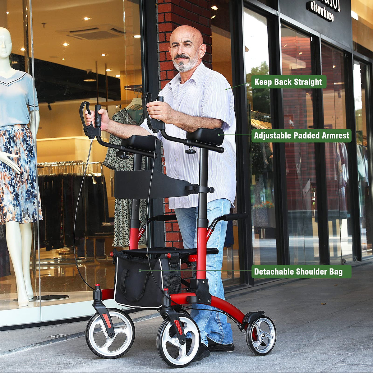 Healconnex Upright Rollator Walkers for Seniors- Stand up Rolling Walker with Seats and 10" Wheels, Padded Armrest and Backrest,Tall Rolling Mobility Aid with Basket, Foam Handle to Stand up