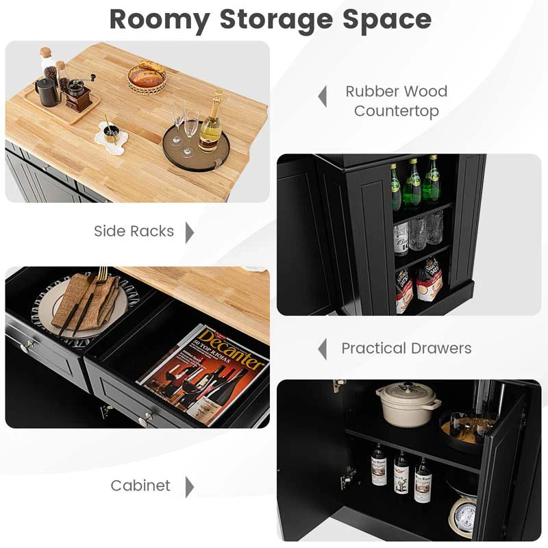47" x36" x36" Rubber Wood Top Kitchen Island with Drop Leaf, 2 Drawers, Kitchen Storage Cabinets, Spice Racks, Adjustable Shelves