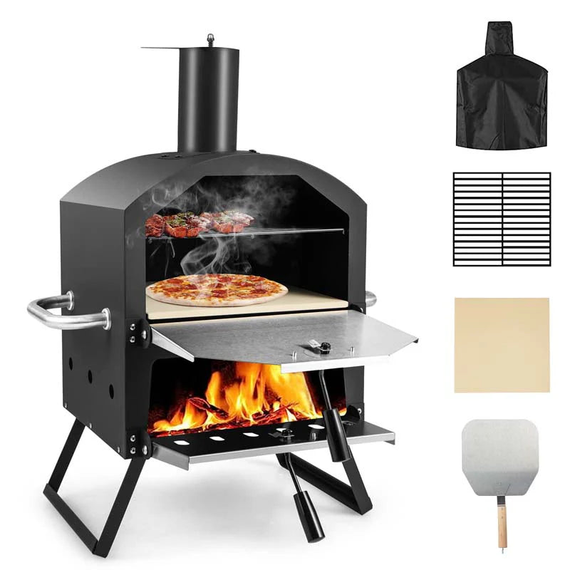 2-Layer Outdoor Pizza Oven Wood Fired for Camping BBQ, Stainless Steel Portable Grill Pizza Maker with Folding Legs