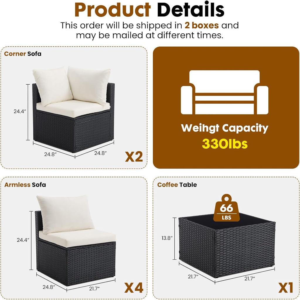 DUMOS 7 Piece Outdoor Patio Sectional Sofa, Modular Wicker Furniture Set with 2.8" Thick Cushions, Adjustable Feet, Weather-Resistant Rattan Outdoor Couch for Backyard, Deck, Garden, Poolside, Black