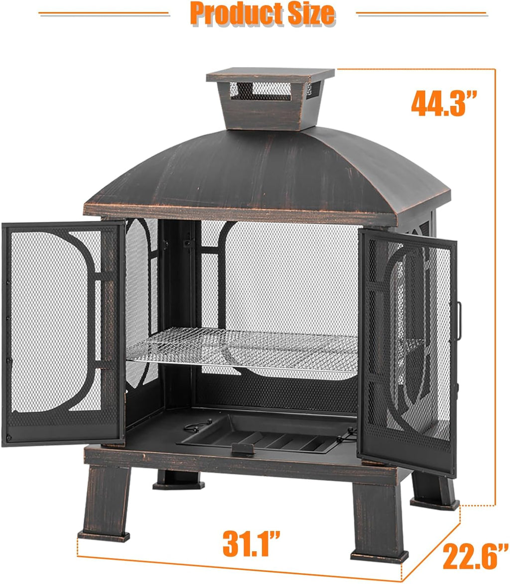Panovue 45" H��31''W Metal Chiminea Fire Pit with Grill, Wood Burning Fire Pits for Outside,Square Chimineas Fireplace with Mesh Spark Screen Door& Fire Poker for Garden,Yard,BBQ,Bonfire (Black&Gold)