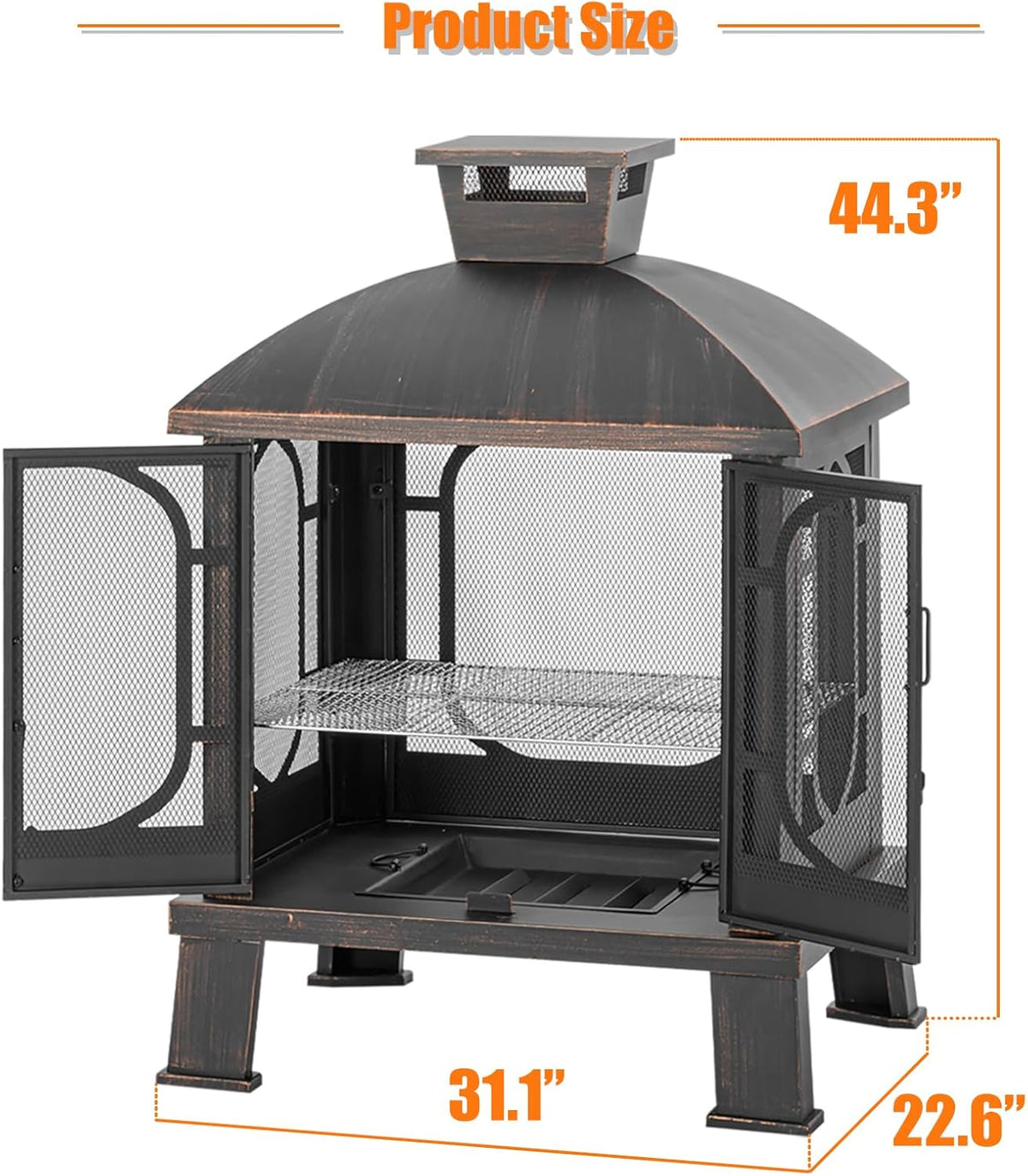 Panovue 45" H��31''W Metal Chiminea Fire Pit with Grill, Wood Burning Fire Pits for Outside,Square Chimineas Fireplace with Mesh Spark Screen Door& Fire Poker for Garden,Yard,BBQ,Bonfire (Black&Gold)