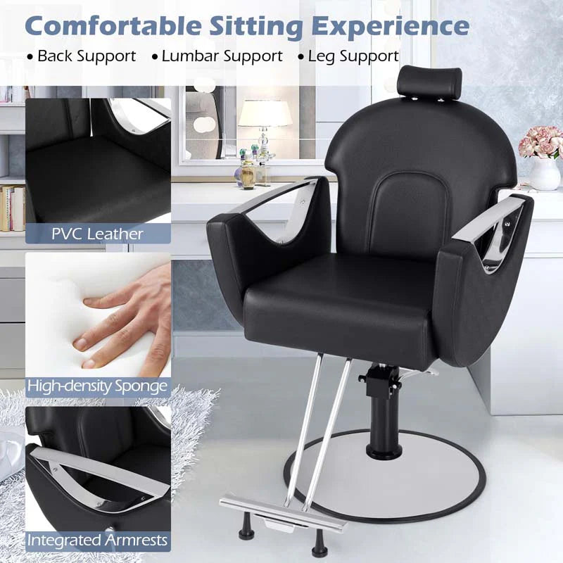 Reclining Barber Chair, 360�� Swivel Salon Chair with Heavy Duty Hydraulic Pump, Adjustable Height & Headrest for Hair Styling, Makeup, Tattoo