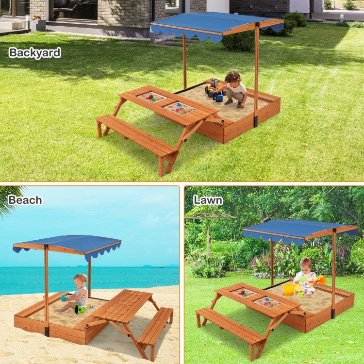 Kids Wooden Sand Box with Foldable Picnic Sensory Table and Bench