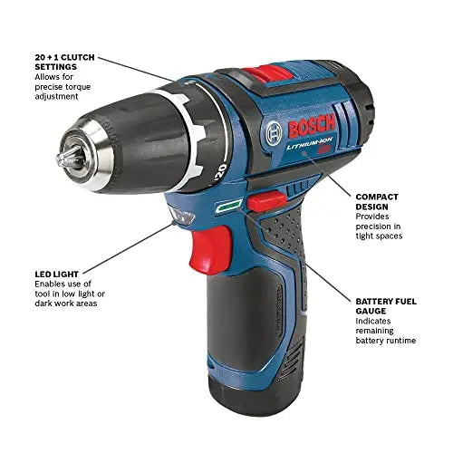 BOSCH CLPK22-120 12V Max Cordless 2-Tool 3/8 in. Drill/Driver and 1/4 in. Impact Driver Combo Kit with 2 Batteries, Charger and Case,Blue