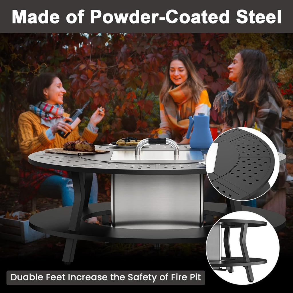 Uniflasy Smokeless Fire Pit and Fire Pit Surround Tabletop, Portable Protective Barrier Equal Width, Safety & Extra Space, 48" Outdoor Tabletop & 17" Smokeless Firepit for Backyard, Camping & Party