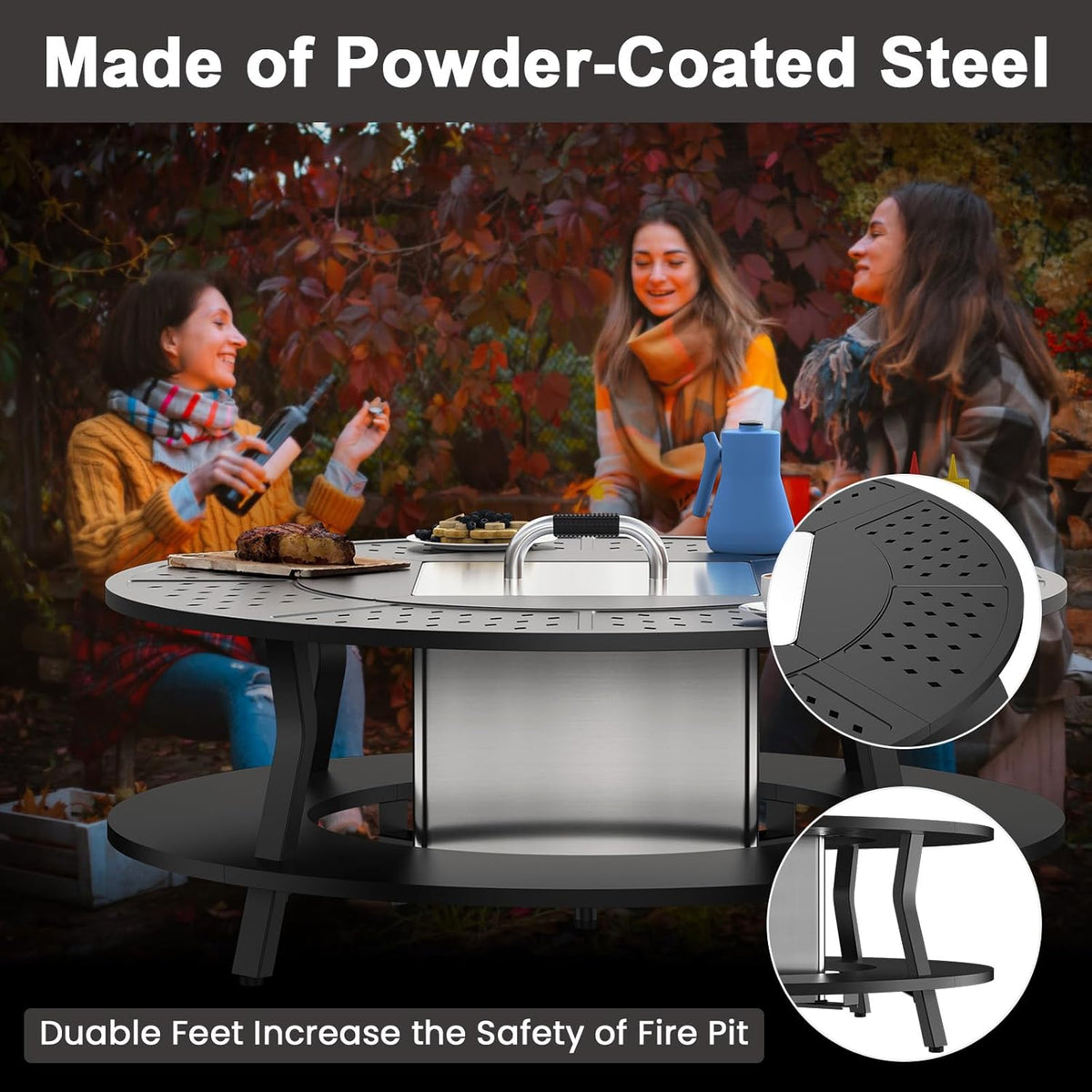 Uniflasy Smokeless Fire Pit and Fire Pit Surround Tabletop, Portable Protective Barrier Equal Width, Safety & Extra Space, 48" Outdoor Tabletop & 17" Smokeless Firepit for Backyard, Camping & Party