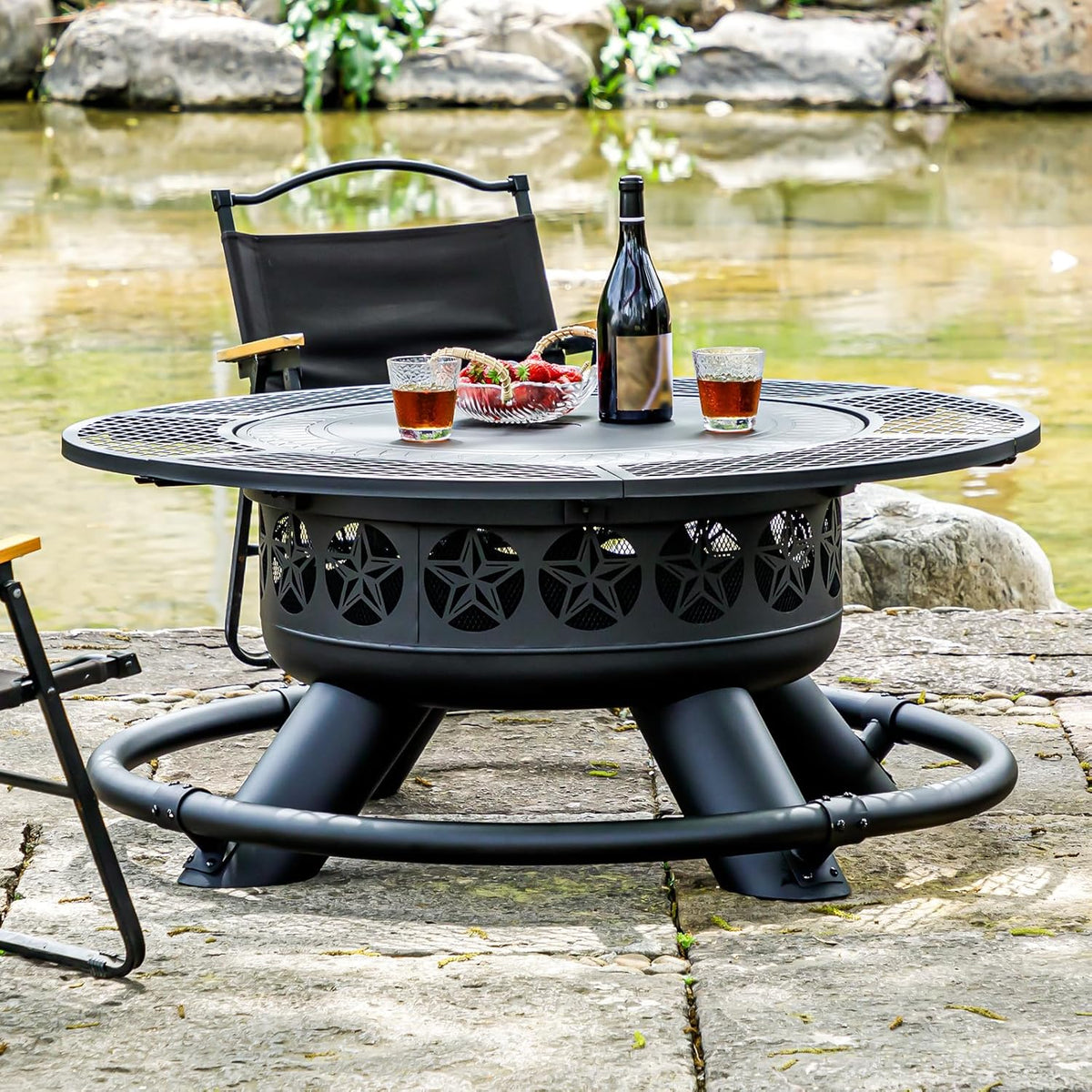 47 Inch Outdoor Fire Pit with 2 Grills  Extra Large BBQ Firepits for Outside  Metal Round Fire pits with Lid&Fire Poker 3 in 1 Wood Burning Outdoor Fireplaces for Backyard Patio Bonfire