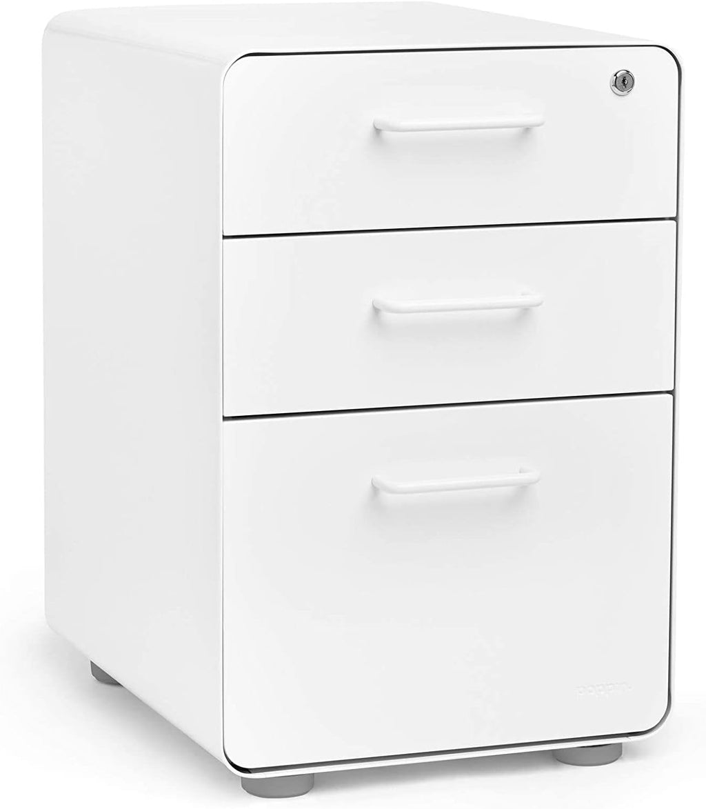 Poppin Stow 3-Drawer File Cabinet - White, 2 Utility Drawers and 1 Hanging File Drawer, Fully Painted Inside and Out, Powder-Coated Steel, Two Keys Included, Stationary