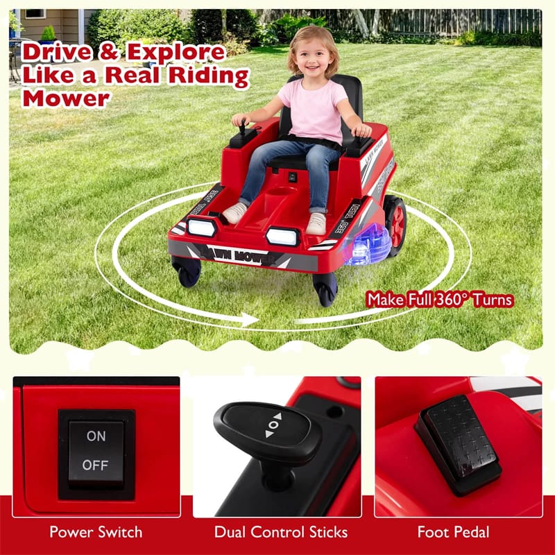 12V Kids Ride-On Lawn Mower with 360�� Twist & Turn, Dual Control Sticks, LED Lights, Toddler Electric Car Toy for Boys & Girls Aged 3-8