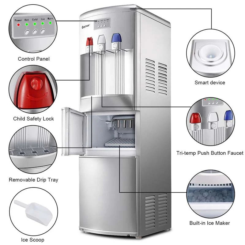 2-in-1 Top Loading Water Dispenser Built-In Ice Maker, 27LBS/24H Ice Machine with Child Safety Lock