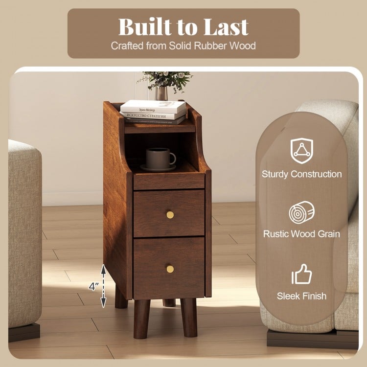 Solid Wood End Table Narrow Bedside Table with Pull-out Tray and 2 Storage Drawers