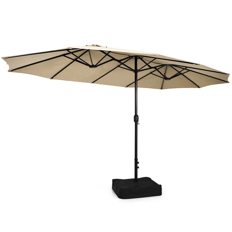 10Pcs Patio Rattan Dining Set with 15FT Double-Sided Umbrella, Heavy Duty Acacia Wood Table & Stackable Wicker Chairs