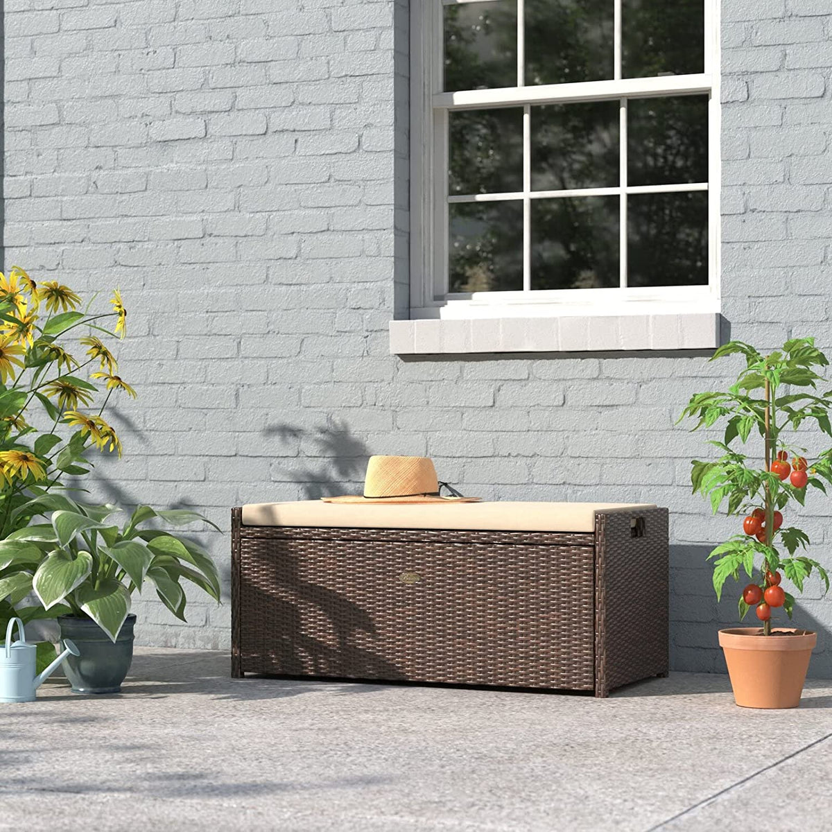 Outdoor Storage Bench Rattan Style Deck Box Wicker Patio Furniture Water Resistance w/Seat Cushion, 60-Gallon, Brown