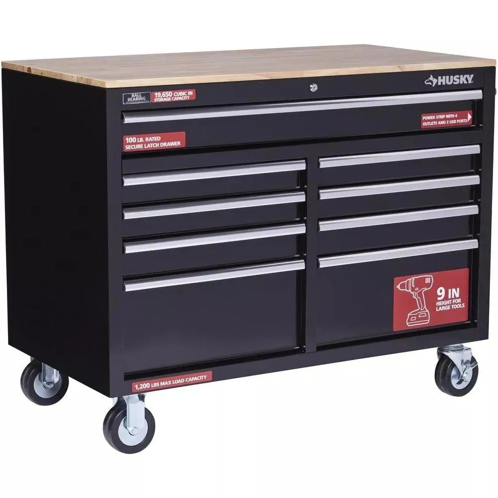 Gloss Black 46��� 9-Drawer Mobile Tool Chest Workbench with Wood Top & Power Strip