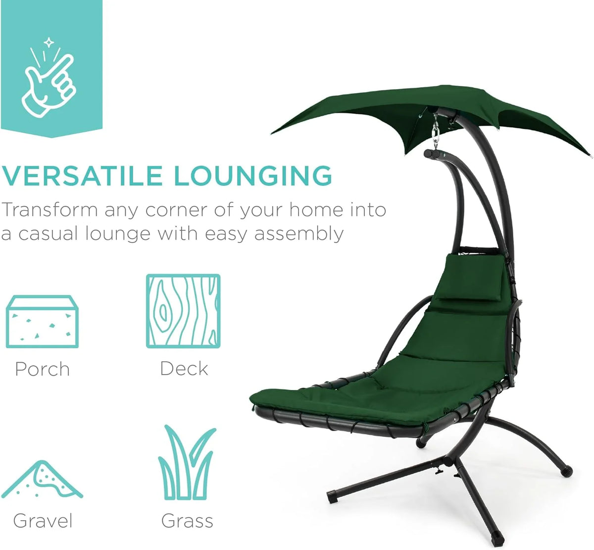 Best Choice Products Outdoor Hanging Curved Steel Chaise Lounge Chair Swing w/Built-in Pillow and Removable Canopy - Charcoal Gray