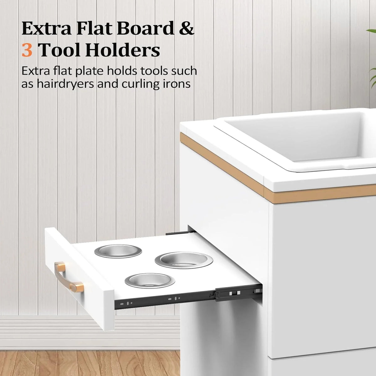 OmySalon Salon Storage Station, Barber Stations Beauty Salon Spa Equipment with 3 Drawers, a Storage Basin, 3 Hair Dryer Holders for Hair Styling, White Gold