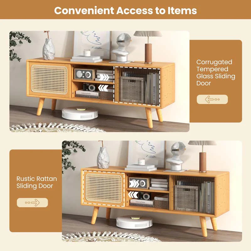 Mid Century Modern TV Stand for TVs up to 55", Bamboo Entertainment Center Media Console with Rattan & Glass Sliding Doors, Adjustable Shelf