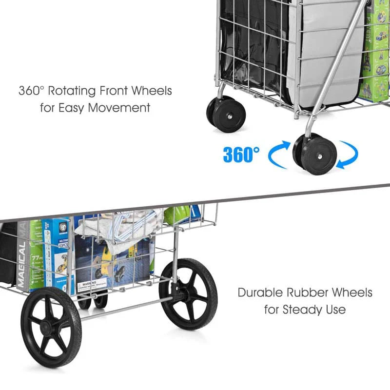 Jumbo Folding Shopping Cart Large Rolling Grocery Utility Cart with Double Basket & 360° Swivel Wheels