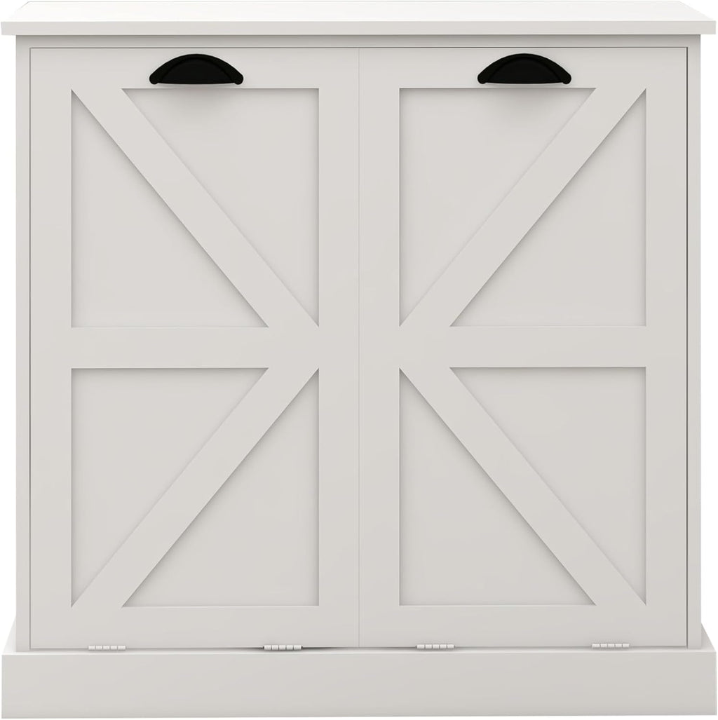Tilt Out Laundry Sorter Cabinet with 2 Removable Liner Bags,Divided Laundry Hamper Cabinet with Semi-Circular Metal Handle and Barn Door for Space Saving (Style-01)