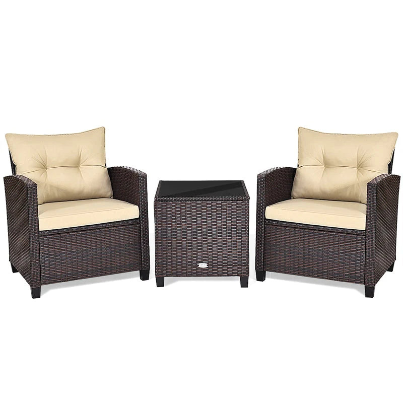 3 Pcs Rattan Patio Conversation Set Outdoor Wicker Sofa Set with Washable Cushions & Coffee Table