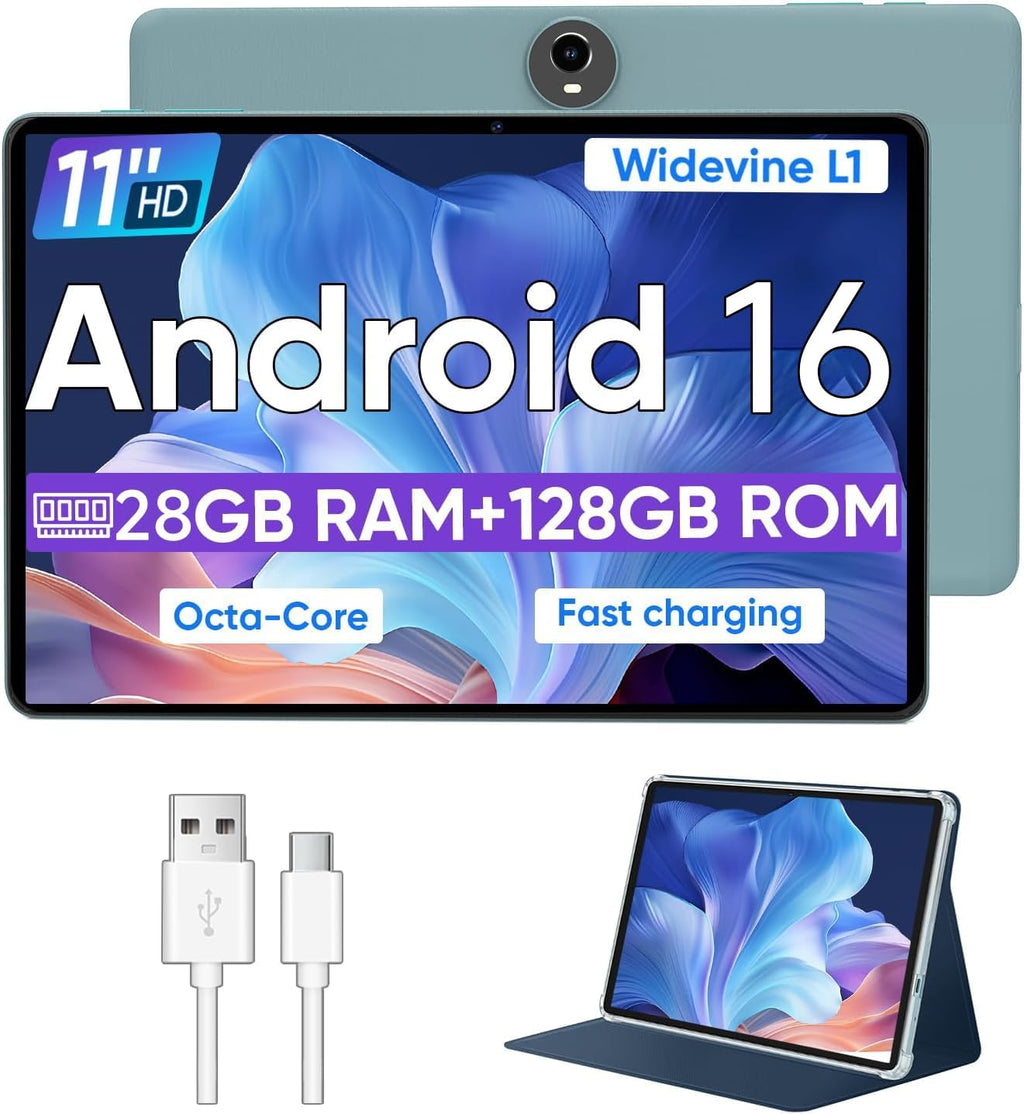 WXUNJA Android 16 Tablet,11 Inch Tablets with Octa Core Processor, 28GB RAM 128GB ROM 1TB Expand, Widevine L1, 8000mAh Battery, 2.4/5Ghz Dual WiFi/GPS/FM, 5/8MP Cameras, Case Included, Blue
