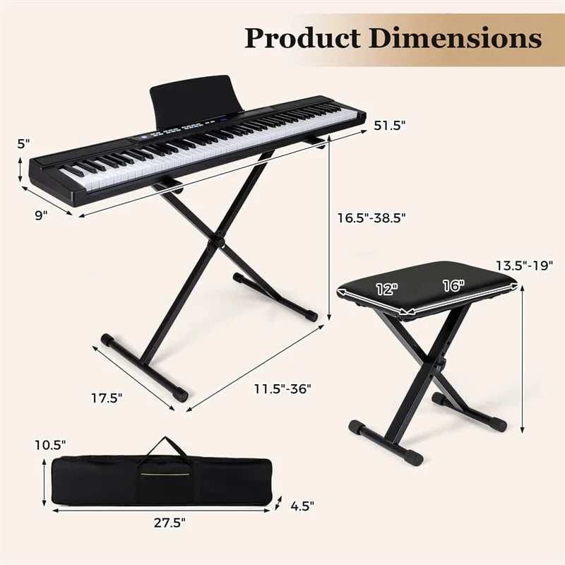 88 Key Electric Piano Keyboard Set with Adjustable Stand & Stool, Lighted Full Size Sensitive Keys, Sustain Pedal, Portable Bag for Beginners