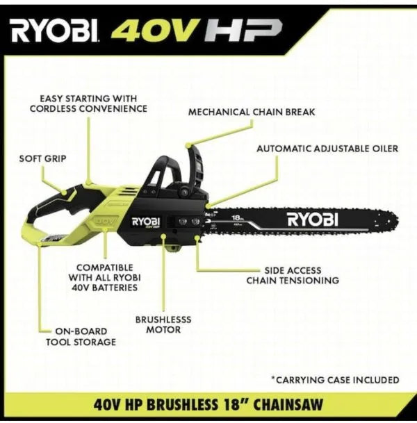 Ryobi 18′′ 40V Cordless Chainsaw Kit with Battery & Charger, Green