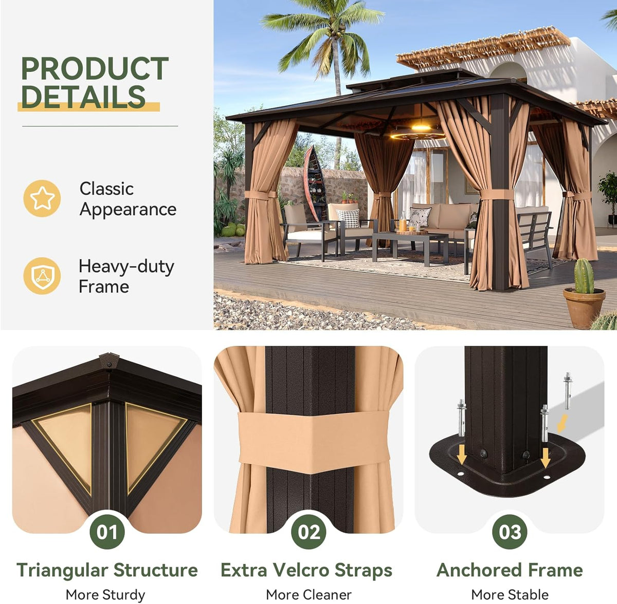 Aoxun 12'x10' Hardtop Gazebo  Aluminum Frame Permanent Pavilion with Curtains and Netting  Outdoor Polycarbonate Double Roof Canopy  Designed for Garden  Lawns  Patio  Brown